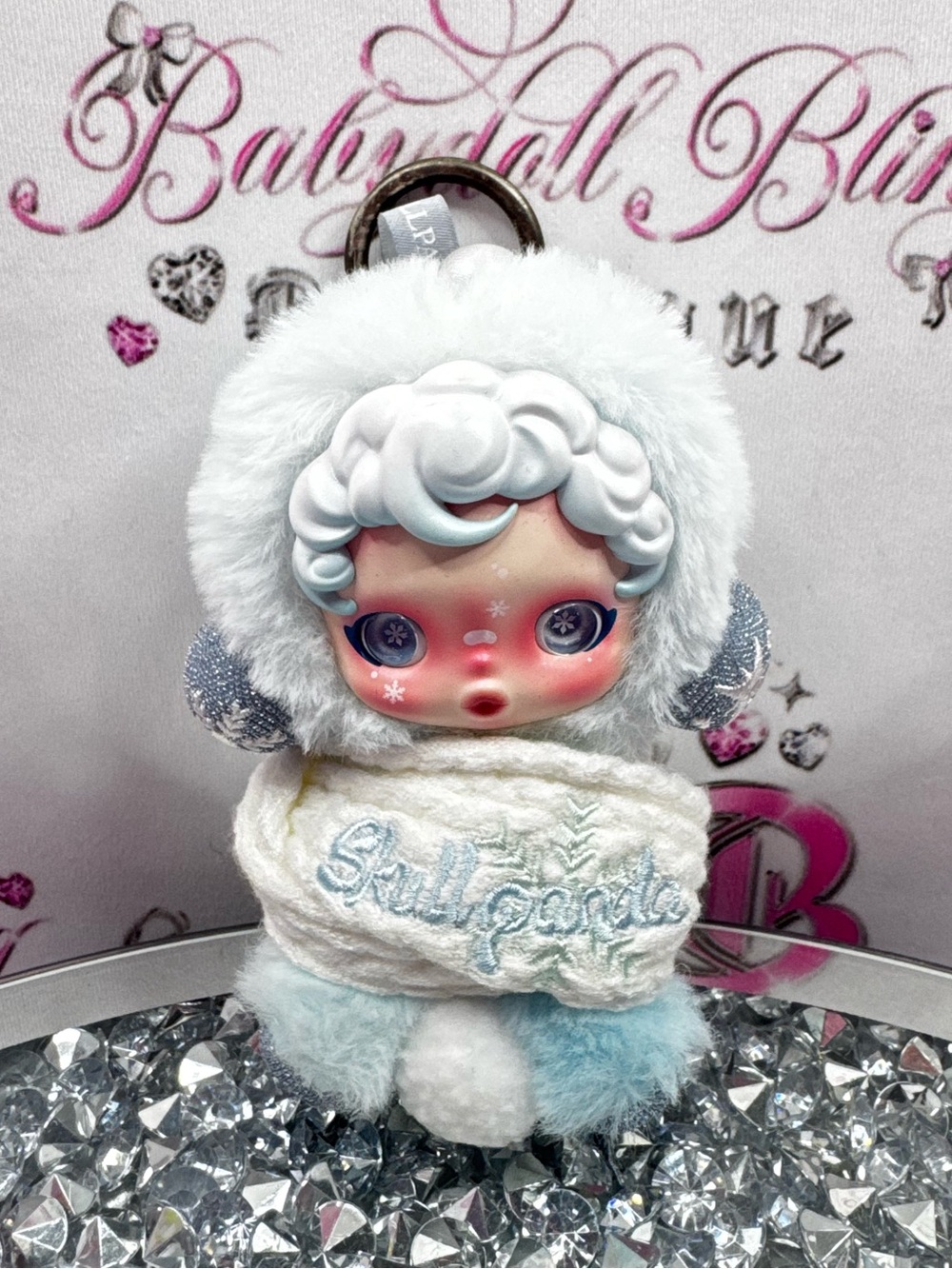 SKULL PANDA POP MART winter Plush Keychain Snow Doll - White & Light Blue